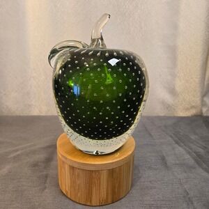 Vintage‎ Hand-Blown Art Glass Green Apple Paperweight With Controlled Bubbles.